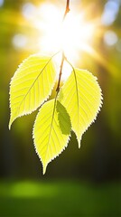Luminous birch leaves backlit by sunlight, creating a vibrant, translucent effect against a dark, blurred background