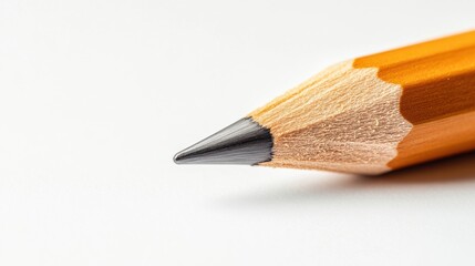 Obraz premium A high-resolution close-up of a sharpened wooden pencil with a fine graphite tip, resting on a clean white surface, showcasing its smooth wooden texture and precision.