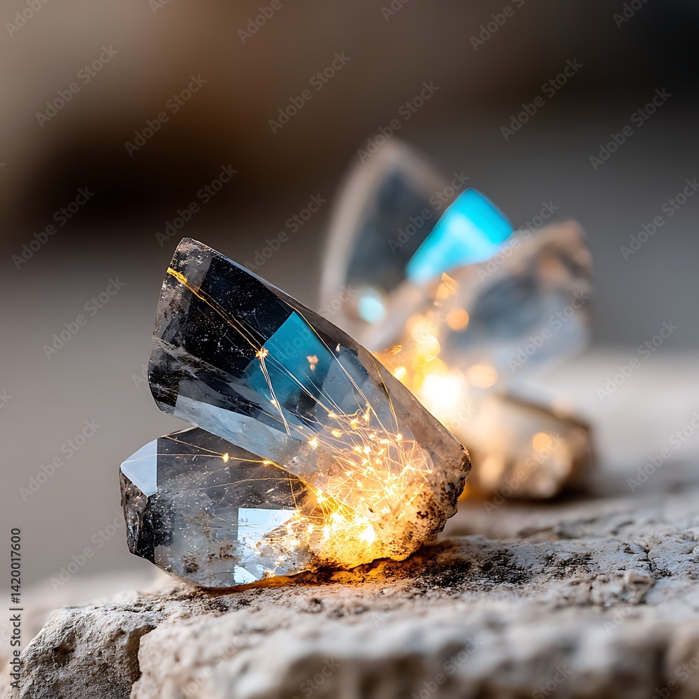 Aufkleber captivating quartz crystal cluster with embedded light emanation on a textured stone surface.
