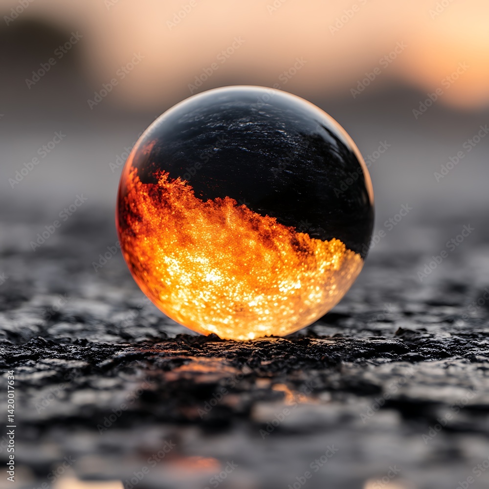 Poster captivating sphere displaying lava and darkness with a contrasting aesthetic on rough asphalt surfac
