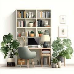 Modern home office setup with bookshelf desk chair plants and decor for remote work space