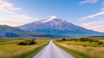 A winding road leading towards a majestic snow-capped mountain, lush green meadows on either side, and serene landscape under a clear blue sky.