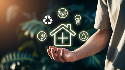 Sustainable energy concept. Person holding virtual green home icon for sustainable energy at home. Environmental green energy.