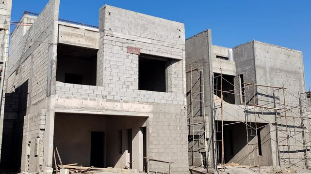 Under Construction House Or Villa's,villa's With Concreate Block Or Bricks.
Exterior View Of 02 Story Under Construction House With Modern Design.
In Complete Villa's, Home Or House full Structure