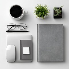 Flat lay office workspace mockup with coffee, notebook, glasses, and plants on white table