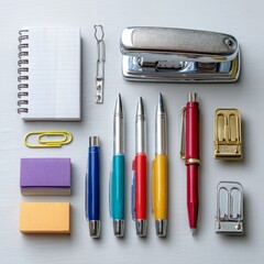 Flat lay of stationery items including pens, notebook, stapler, and paper clips for office use