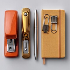 Office supplies flat lay: stapler, tape dispenser, pen, notebook and paper clips on desk