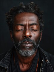 Fototapeta premium A calm man with closed eyes is set against a dark, serene background