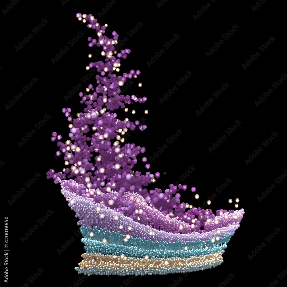 Poster cascading spheres formation with a vibrant gradient hues on black backdrop digital rendering.