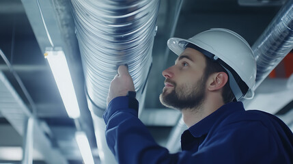 Engineer inspecting the installation of HVAC systems. Featuring technology and precision