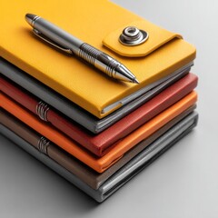 Stack of colorful leather notebooks with pen stationery office supplies organization  90