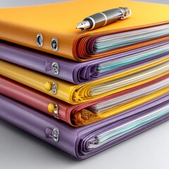Stack of colorful file folders with pen, office organization and document management concept
