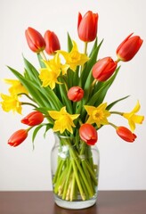 Vibrant red tulips & sunny yellow daffodils in a clear glass vase, springtime, tulips, sunny