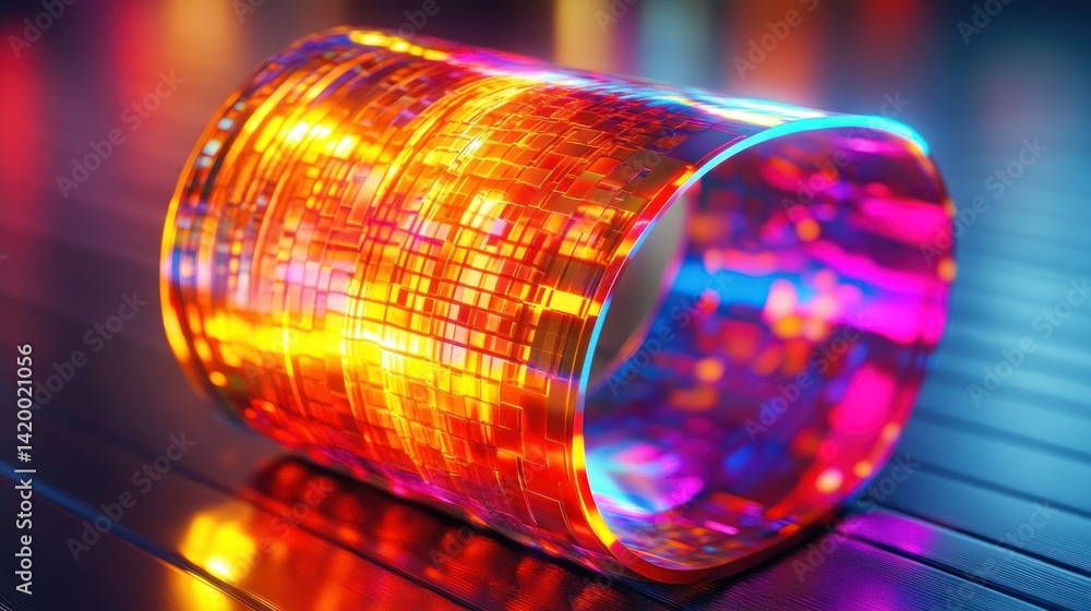 Poster an illuminated cylindrical abstract object showing vibrant colors and reflections