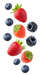Falling wild berries mix, strawberry, raspberry, blueberry, blackberry isolated on transparent background