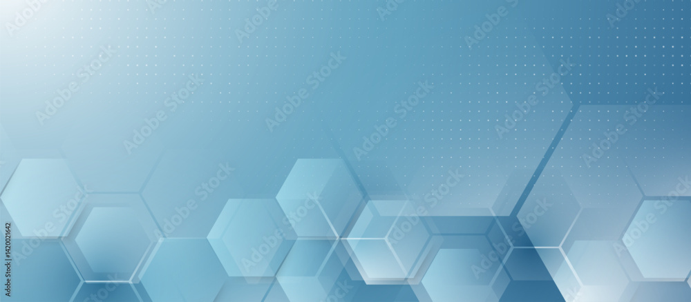 Poster Abstract Blue Hexagon Technology Background with Gradient and Dot Grid Pattern