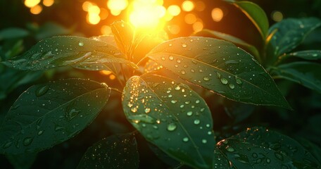Fototapeta premium Dew-covered leaves glistening in golden sunset light
