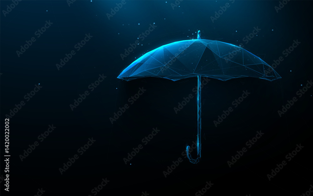 Poster futuristic digital umbrella in low poly wireframe style on dark background