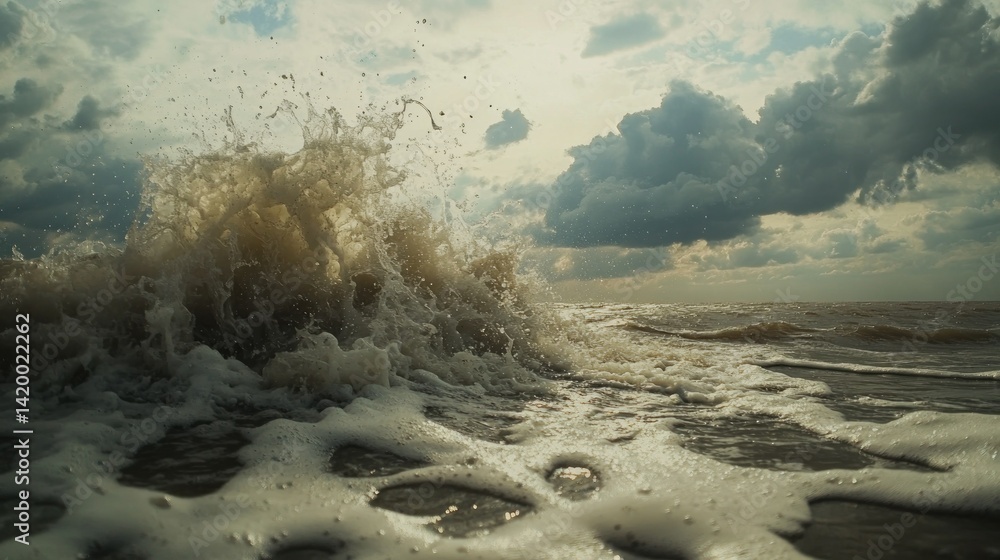 Poster a crashing wave explodes with foam under a cloudy sky