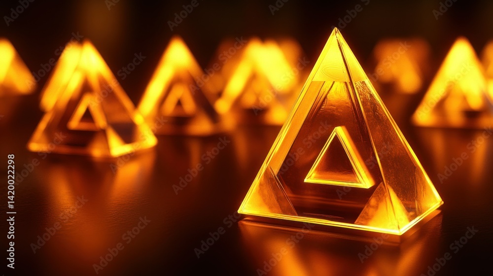 Poster several illuminated golden triangular shapes are on a dark surface