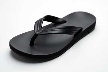 Single black flip-flop on white background, close-up view, light, background, sandal