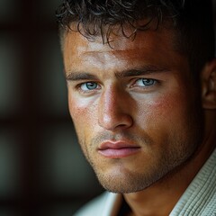 Obraz premium A young martial artist with striking blue eyes exudes focus and strength in a dojo