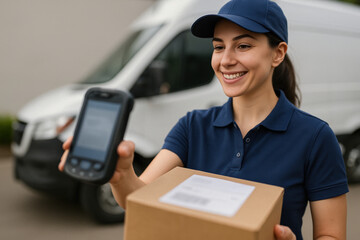 Smiling Delivery Worker: A cheerful delivery worker, holding a package and scanner, ready to efficiently deliver packages in a city, embodying the reliability and quickness of package delivery.