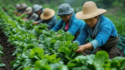 Farmers collect vibrant greens in soft morning light, showing their dedication