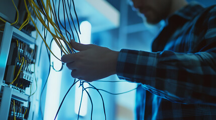Engineer reviewing plans for electrical wiring layout. Featuring design and planning