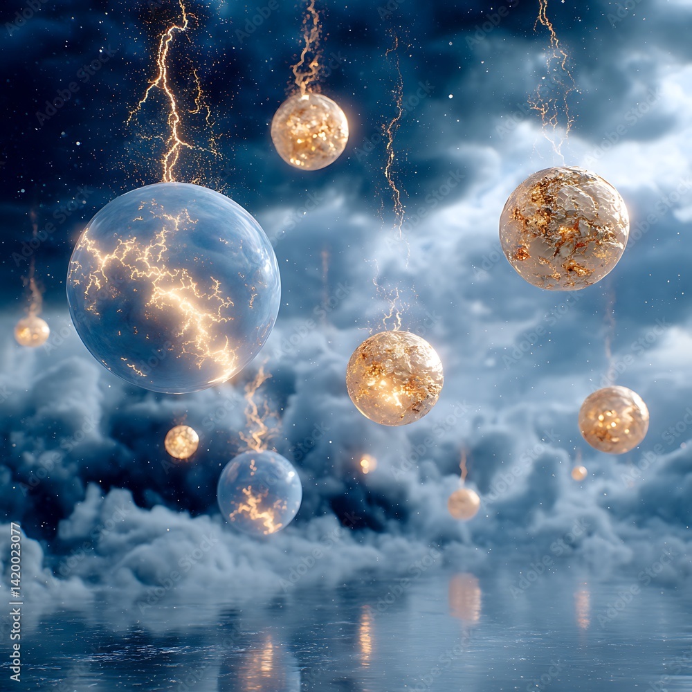 Poster celestial spheres floating in ethereal sky illuminated by flickering light phenomena and mystical or
