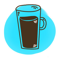 A vibrant illustration of a glass filled with coffee set against a blue circular background.