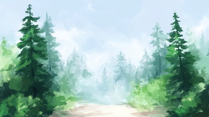 Misty Forest Trail Verdant pines line a path through a hazy woodland