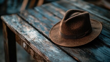 A brown fedora rests on a weathered wooden table surface