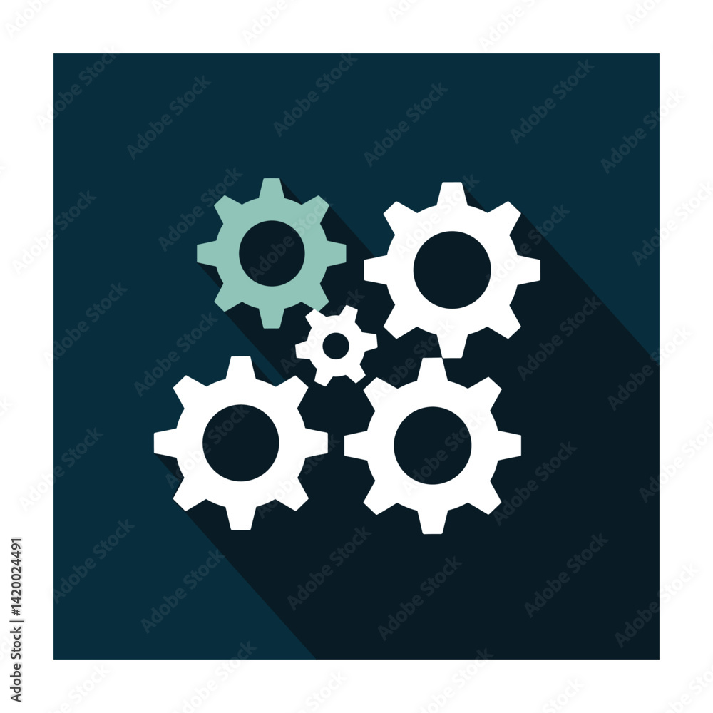 Poster interlocking gears: a graphic illustration of four interlocking cogs with long shadows, symbolizing 