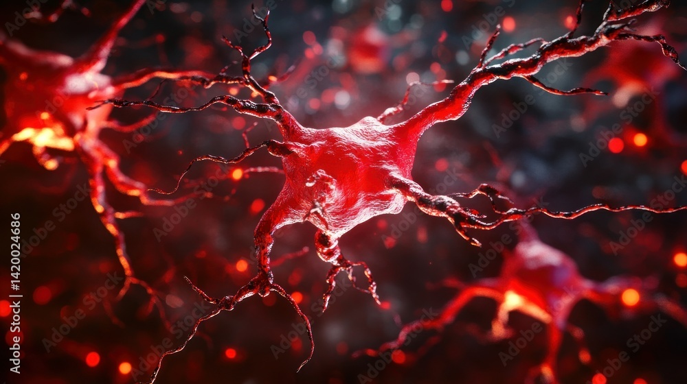 Poster red colored neuron cells with branching extensions spread across the background