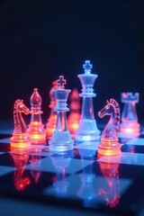 Abstract digital chessboard, glowing holographic AI pieces, future, hologram, business