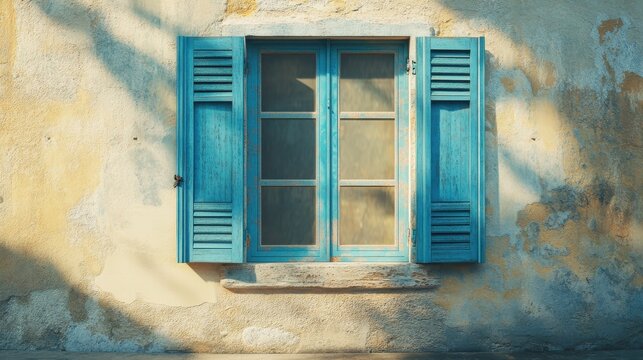 Ancient wall of the house and window with blue shutters.