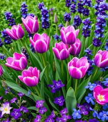 Obraz premium A vibrant tapestry of purple and blue tulips and violets bursts forth against a rich green backdrop, purple, flora, photo