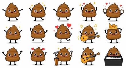 Fototapeta premium Cartoon Poop Character Emoticons Expressing Happy Emotions with Various Musical Instruments