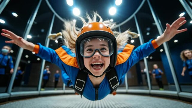 Excited young girl floats weightlessly in indoor skydiving tunnel  