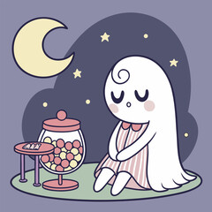 Sleepy Ghost Girl with Candy Jar – Nighttime Halloween Vector

🏷️ Keywords: