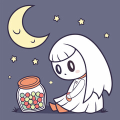 Sleepy Ghost Girl with Candy Jar – Nighttime Halloween Vector

🏷️ Keywords: