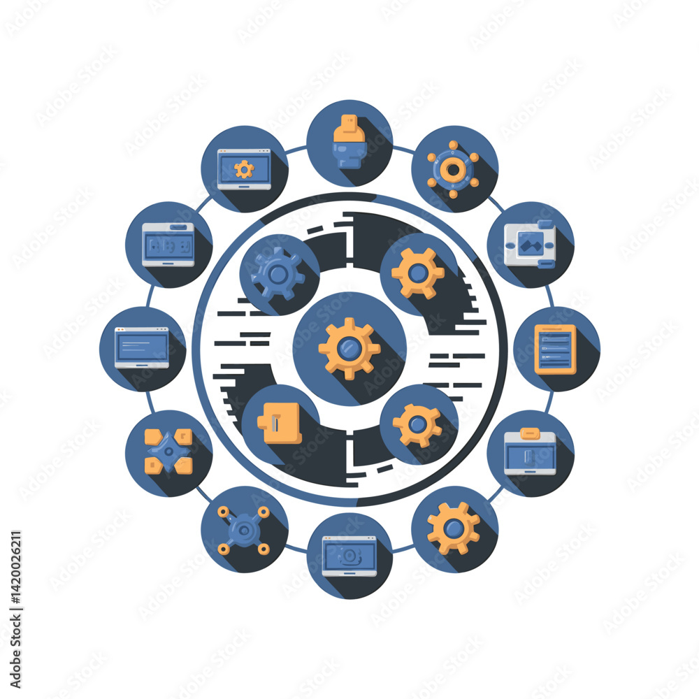 Poster digital gears: a creative depiction of connected digital components and gears arranged to showcase a