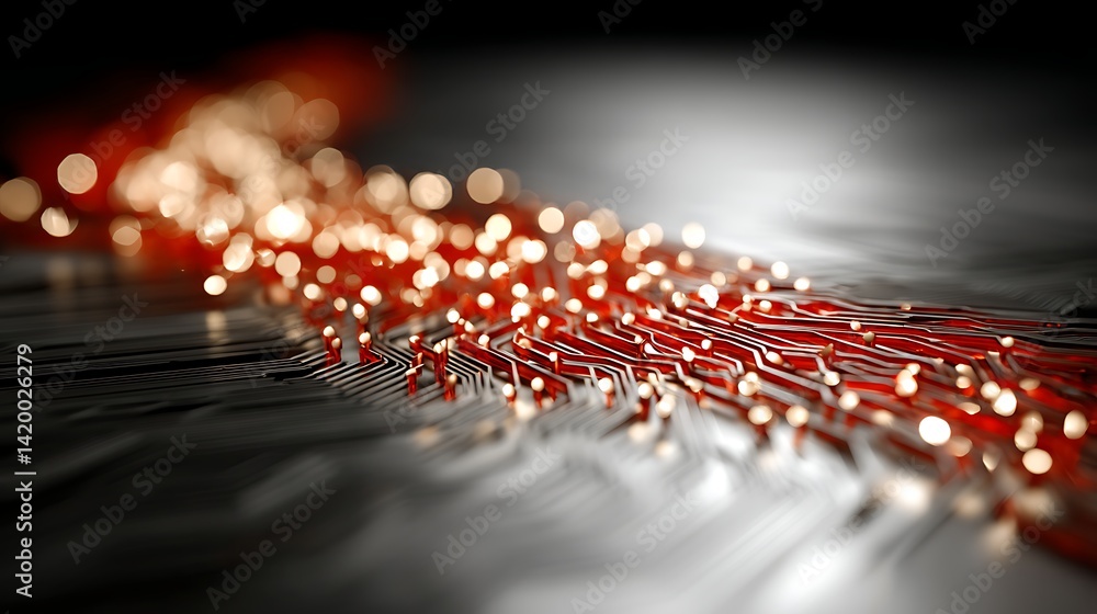 Poster circuit board red lights connection flowing data processing system close up blurred visual effect.