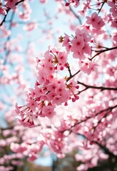 Obraz premium Delicate pink cherry blossoms dancing on a gentle breeze, bathed in sunlight, botanical, nature photography, springtime