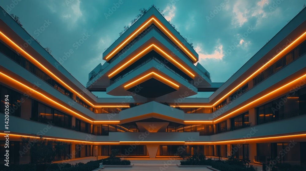 Poster Illuminated modern architectural structure with geometric design during twilight time