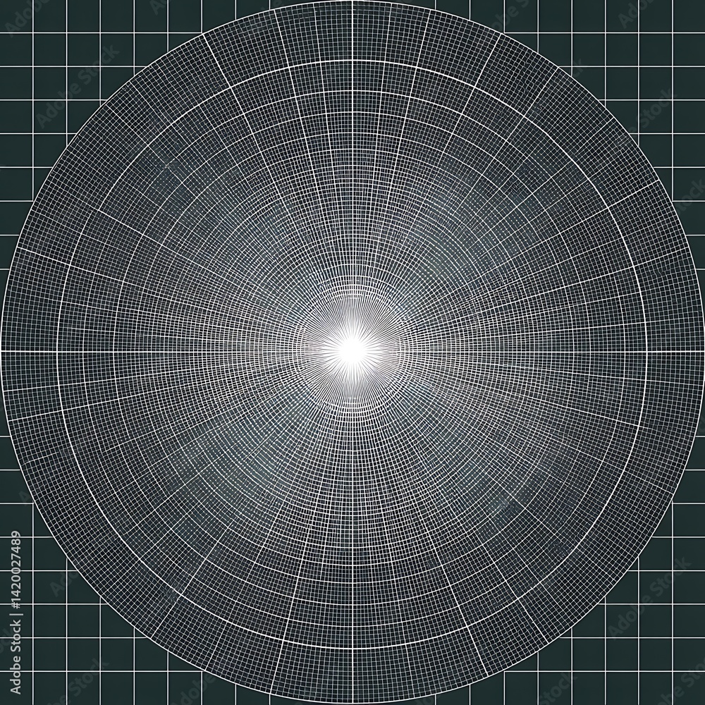 Poster circular grid pattern of white lines on dark green background for design and visual arts