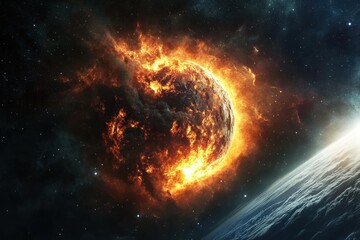 Obraz premium Planet engulfed in flames with Earth visible nearby during a cosmic event