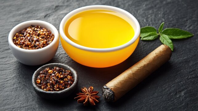 Bright yellow oil sits beside rich spices and a cigar-shaped ingredient on a dark surface