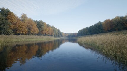 Obraz premium Serene autumnal river scene. Tranquil waters reflect vibrant fall foliage